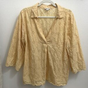 Liz Claiborne Eyelet Blouse Yellow 100% Cotton Size XXL Excellent Used Condition